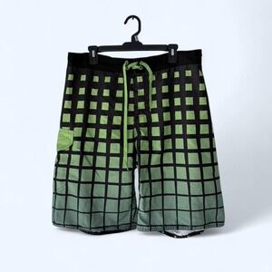 Mountain Dew Board Shorts Men's Black‎ Green Grid Print Swim Trunks Size 38